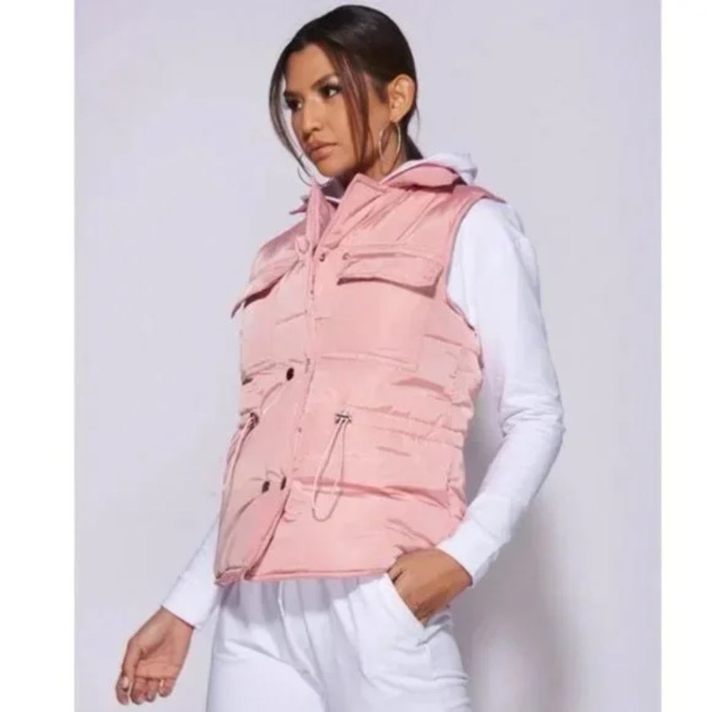 Pink Sleeveless Collared Double Breasted Padded Puffer Jacket Vest Gilet - Picture 11 of 16